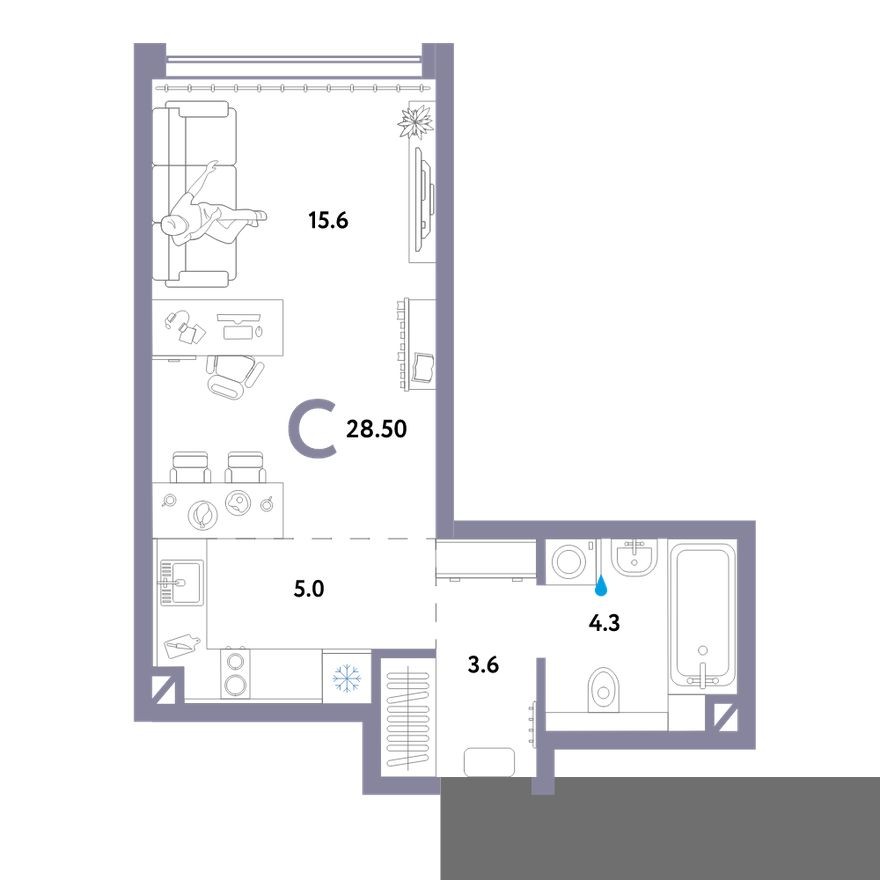 Студия-квартира, 28.5 м²