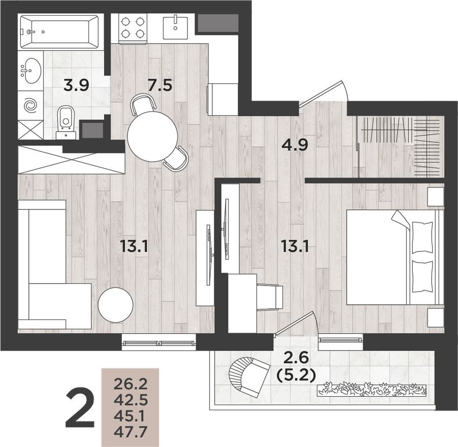 2к. квартира, 45.1 м²