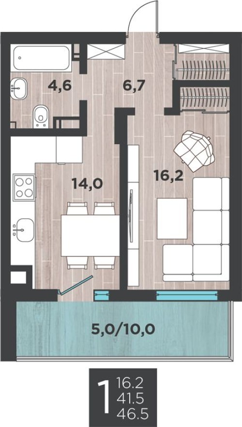 1к. квартира, 46.5 м²