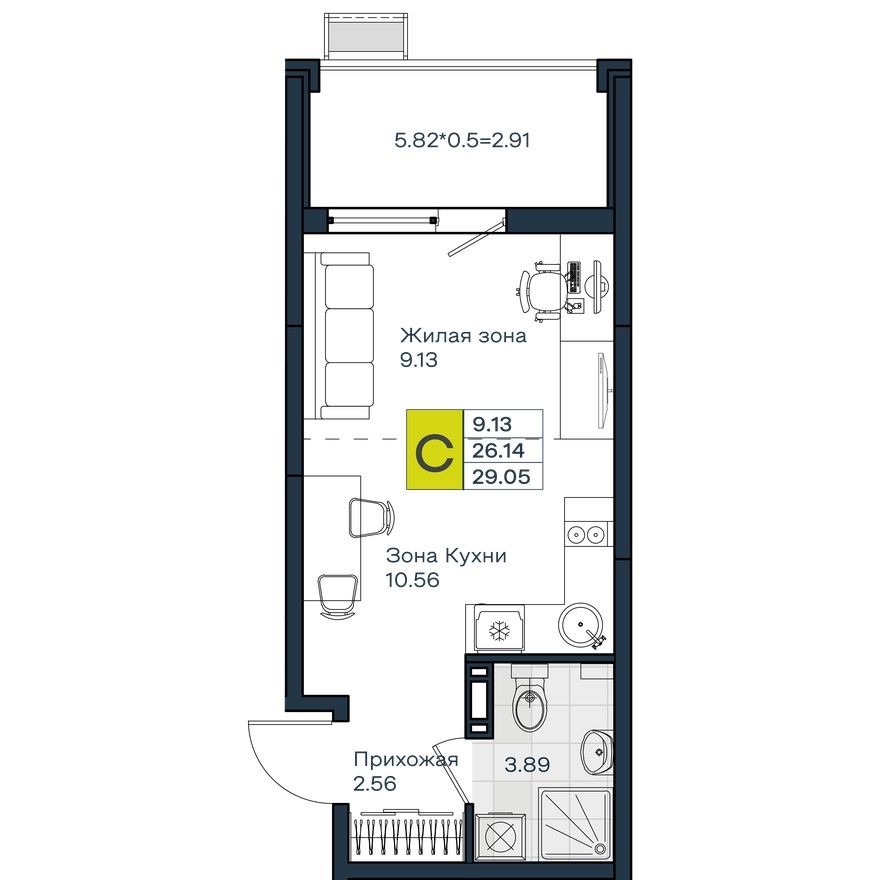 Студия-квартира, 29.1 м²