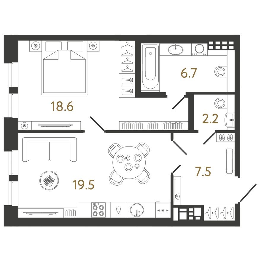1к. квартира, 54.5 м²