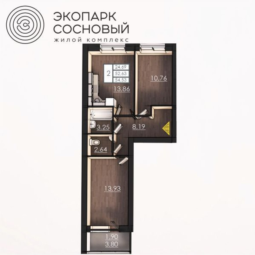 2к. квартира, 52.5 м²