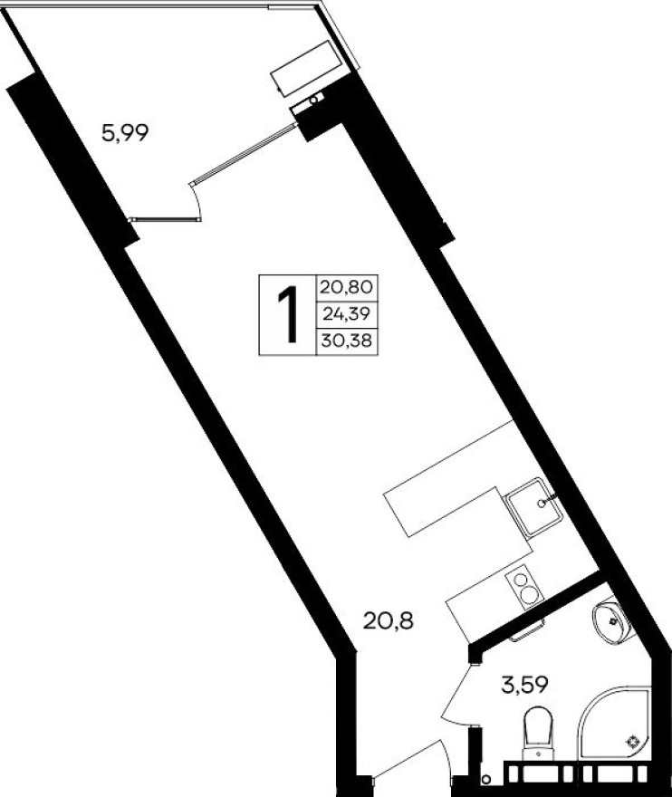 1к. квартира, 30.4 м²