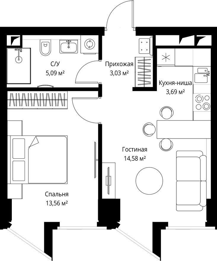 1к. квартира, 39.9 м²