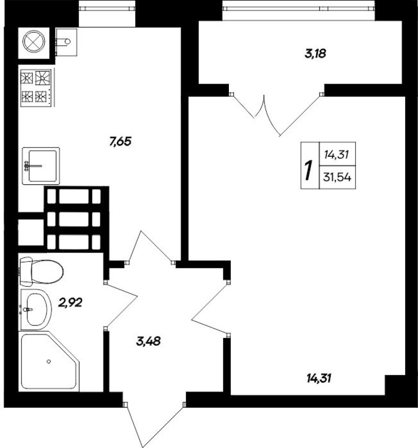 1к. квартира, 31.5 м²