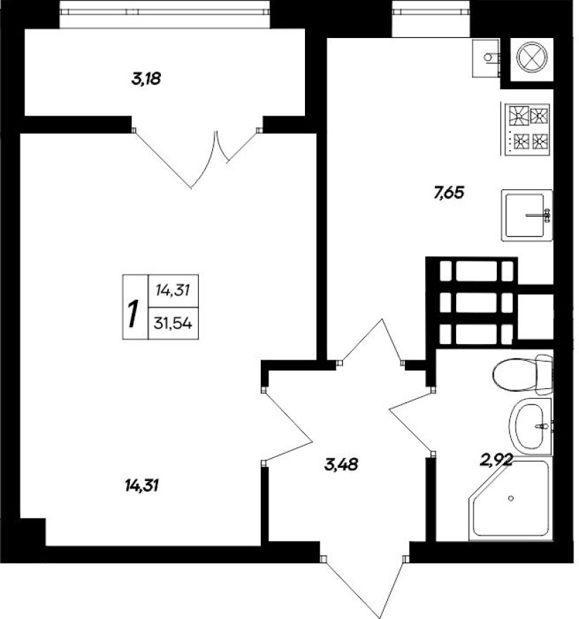 1к. квартира, 31.5 м²
