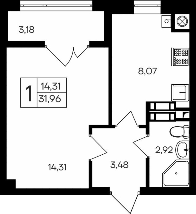1к. квартира, 32.0 м²