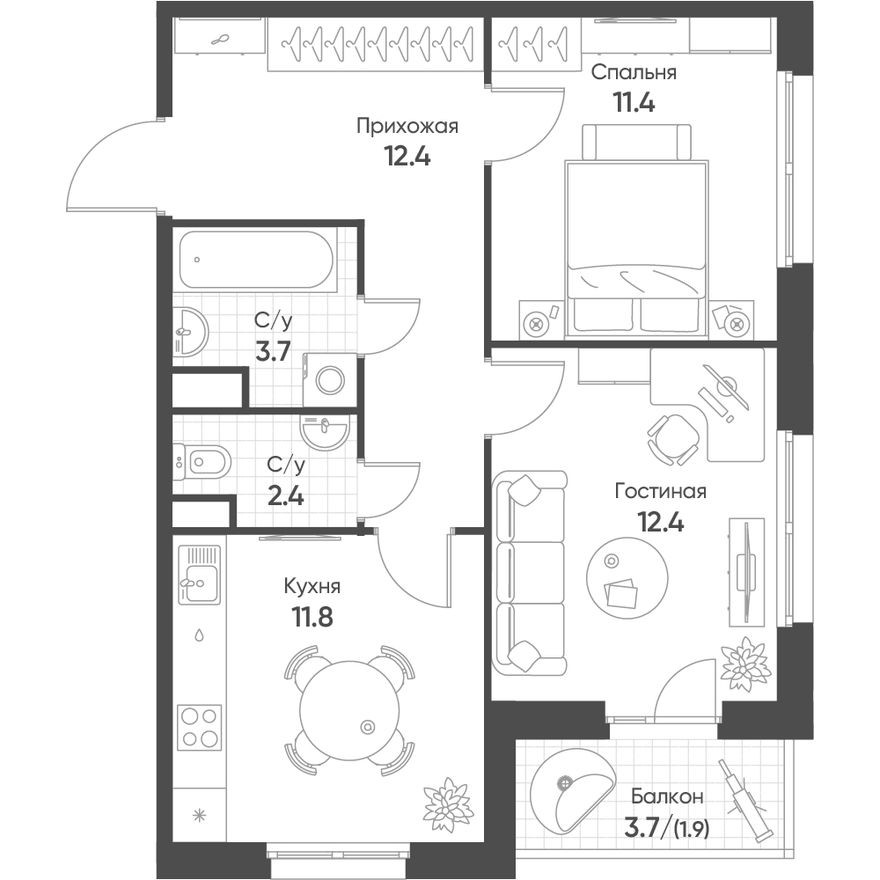 2к. квартира, 55.8 м²