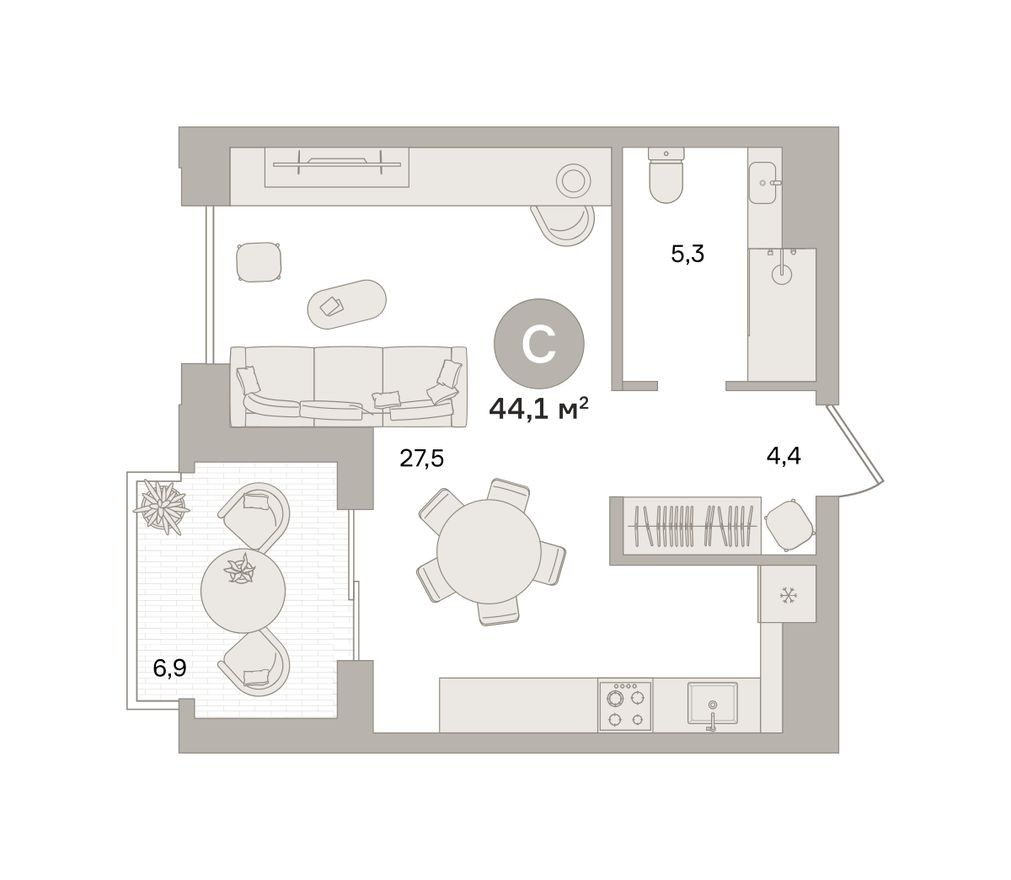 Студия-квартира, 44.1 м²