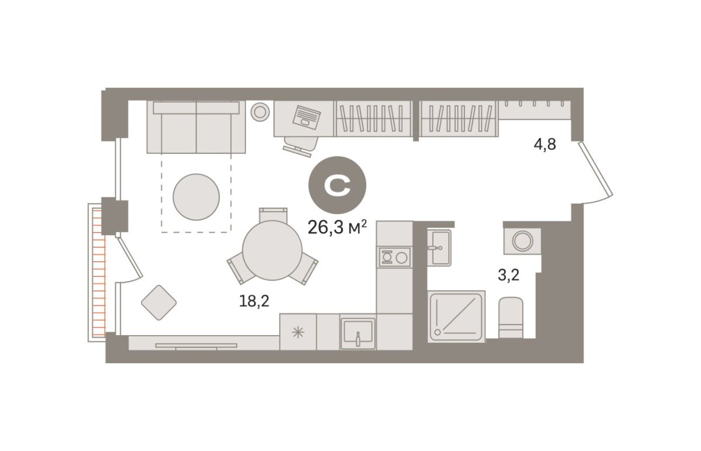 Студия-квартира, 26.3 м²