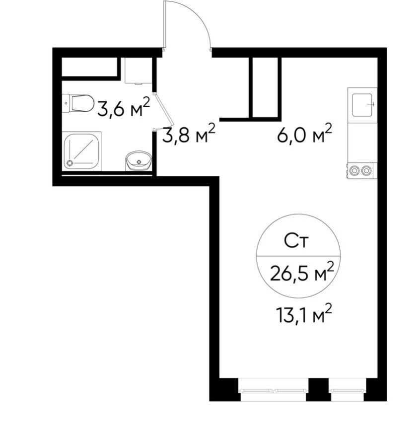 Студия-квартира, 26.5 м²