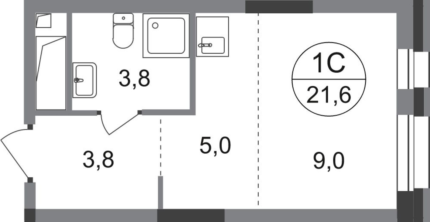 Студия-квартира, 21.6 м²