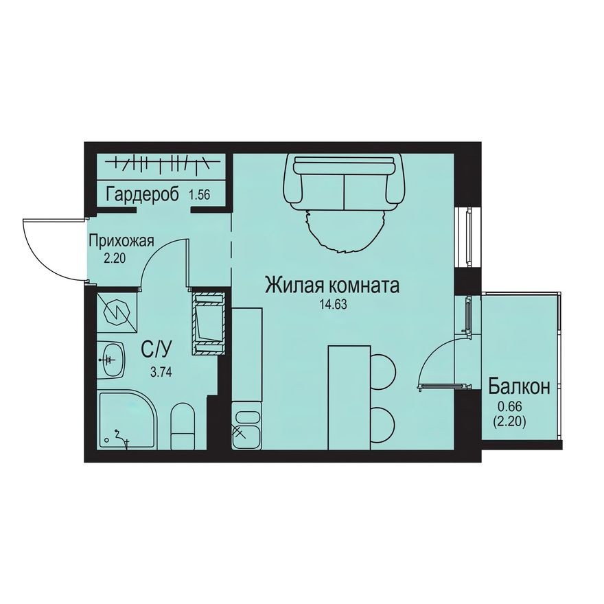 Студия-квартира, 22.8 м²