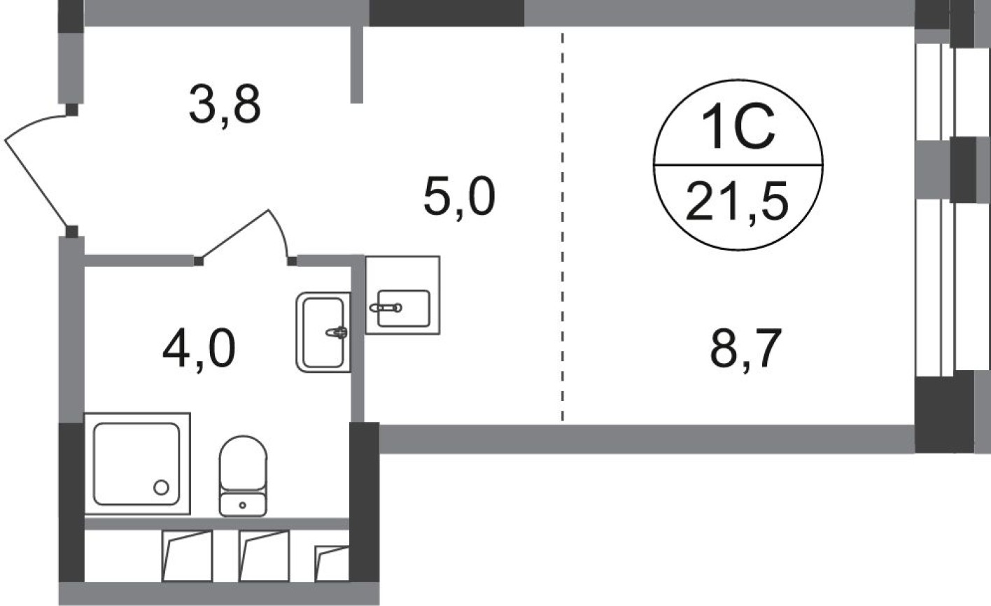 Студия-квартира, 21.5 м²