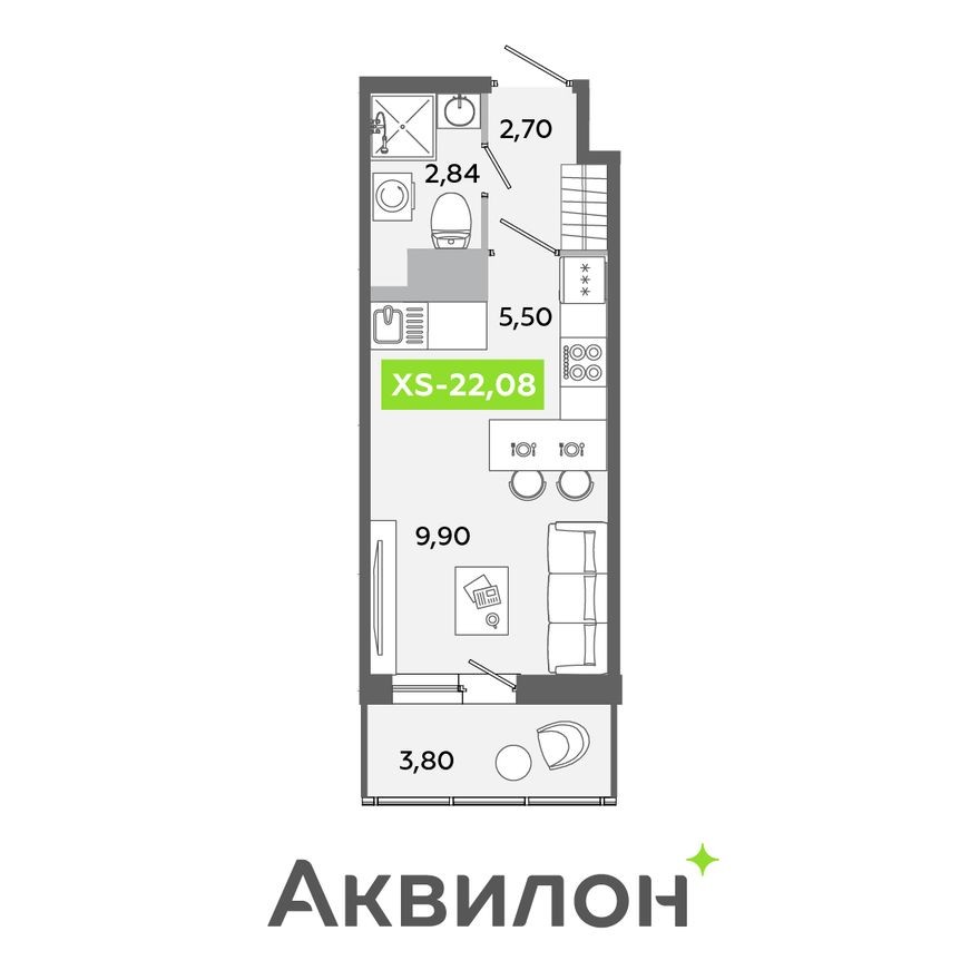 Студия-квартира, 22.1 м²