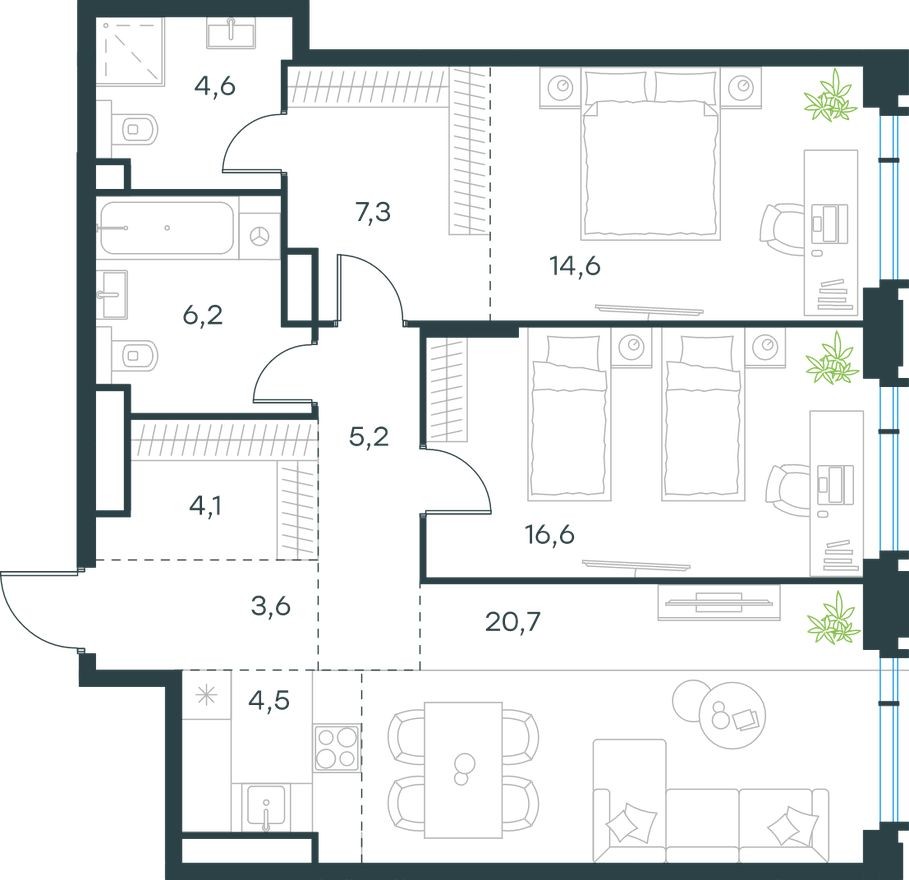 Планировка — 3к. квартира, 87.4 м²