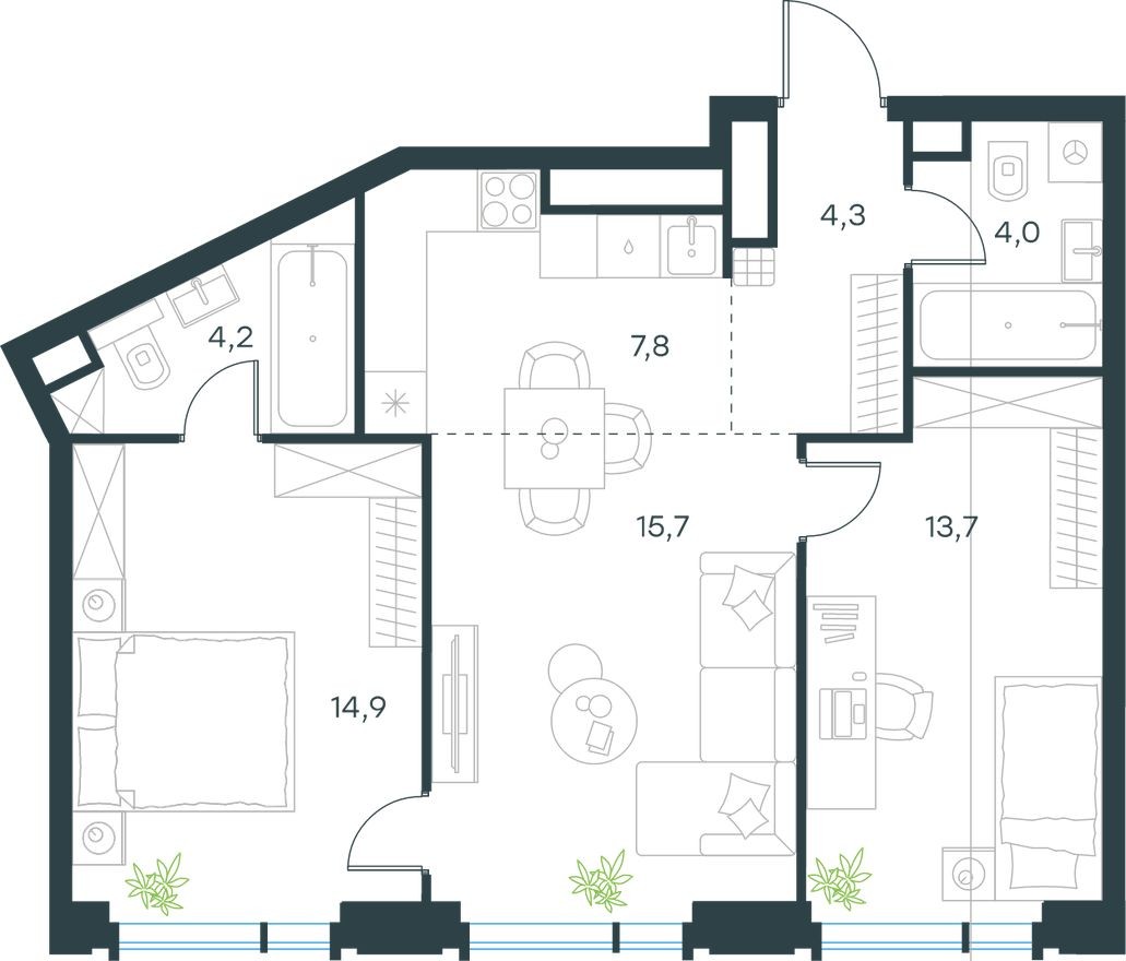 Планировка — 3к. квартира, 64.6 м²