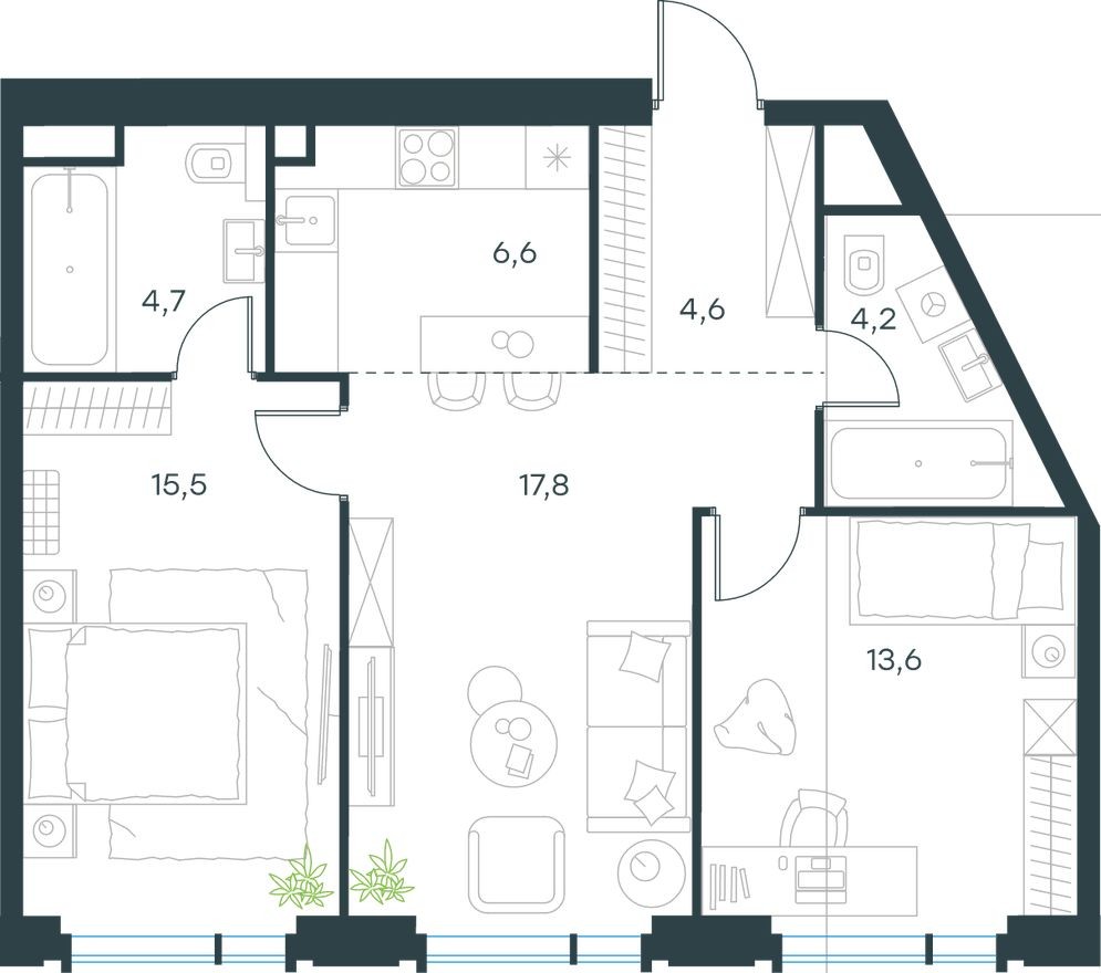 Планировка — 3к. квартира, 67.0 м²