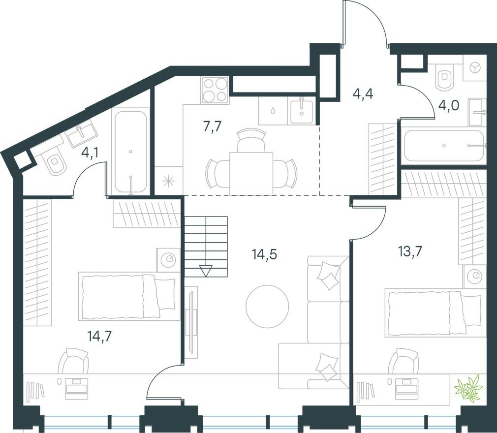 Планировка — 3к. квартира, 64.3 м²