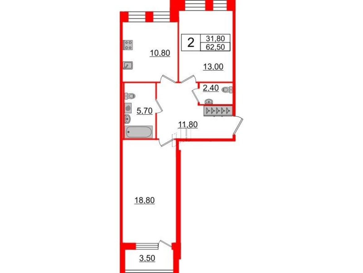Планировка — 2к. квартира, 62.5 м²