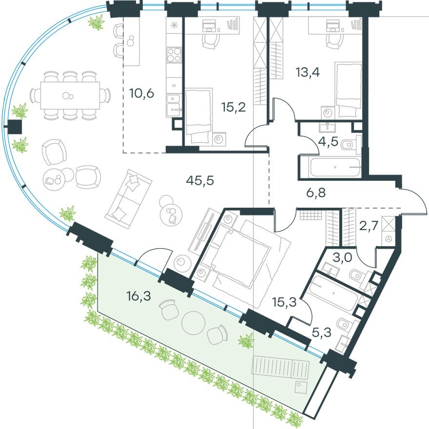Планировка — 4к. квартира, 127.2 м²