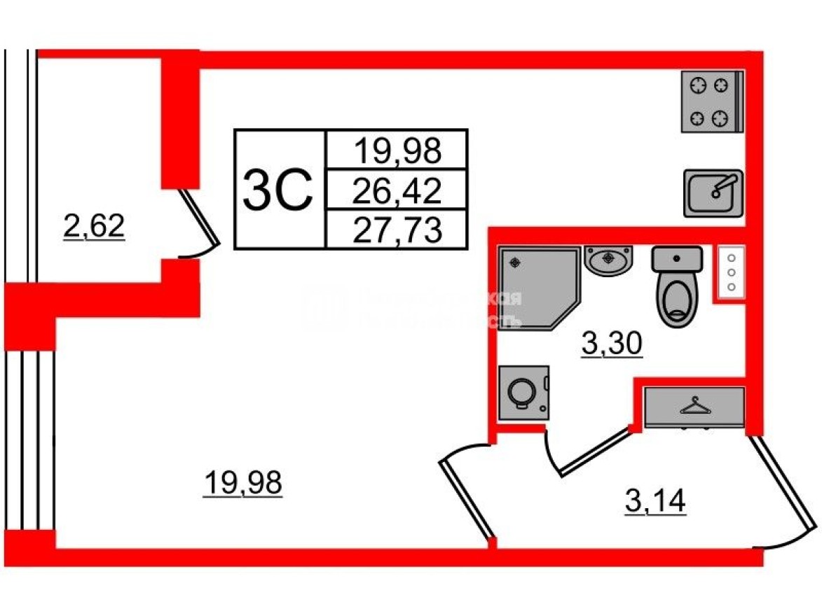 Студия-квартира, 26.1 м²
