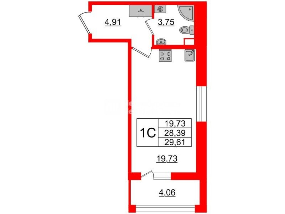 Студия-квартира, 27.8 м²