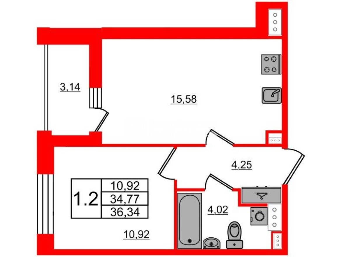 1к. квартира, 34.8 м²