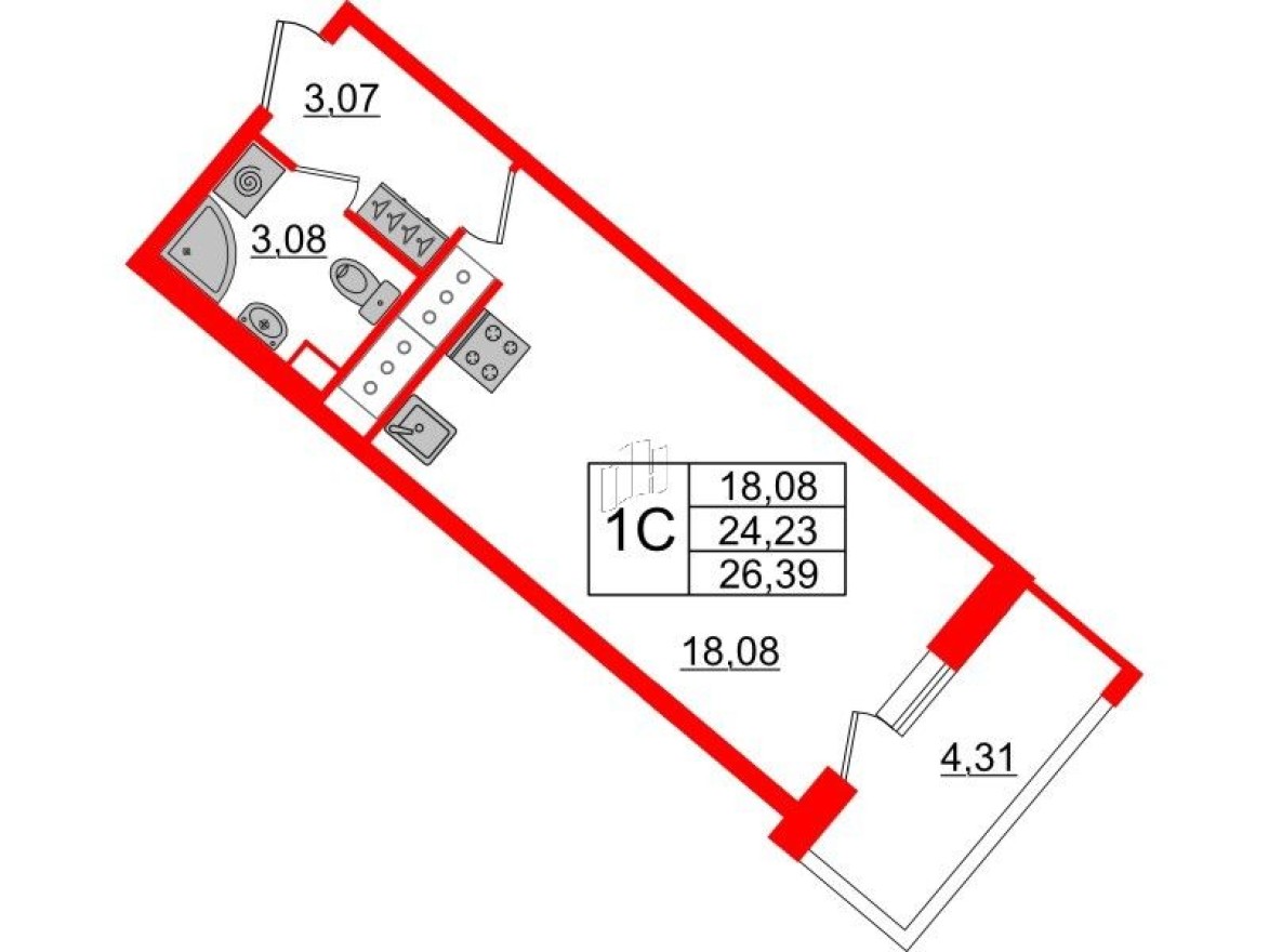 Студия-квартира, 24.5 м²