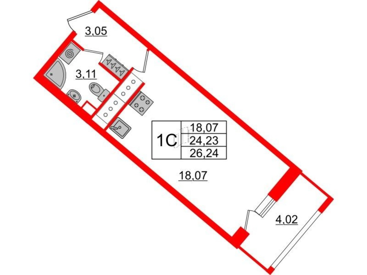 Студия-квартира, 24.4 м²