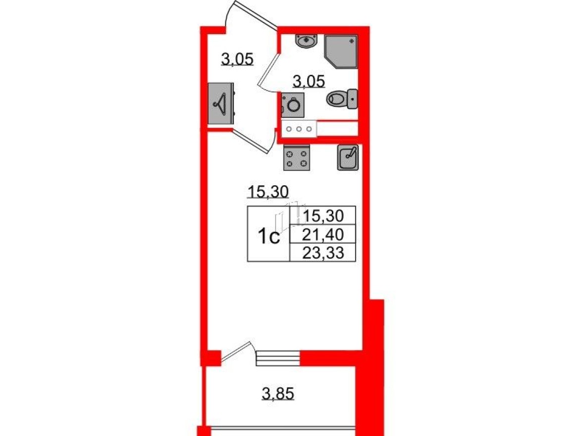Планировка — Студия-квартира, 21.4 м²