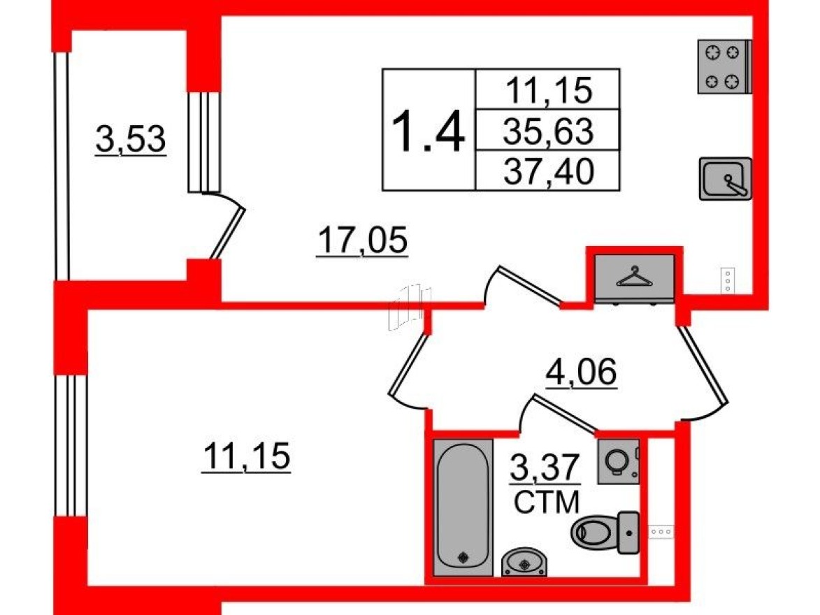 Планировка — 1к. квартира, 35.6 м²