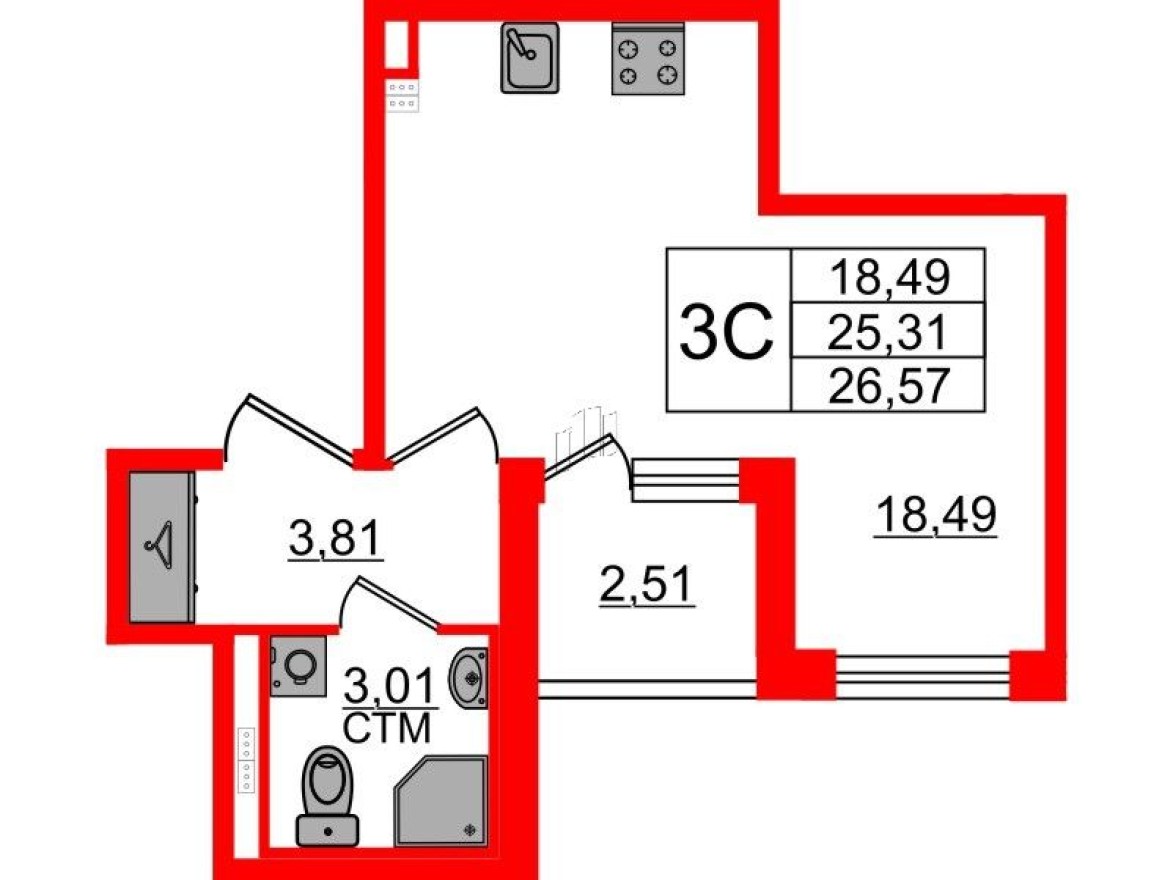 Планировка — Студия-квартира, 25.3 м²