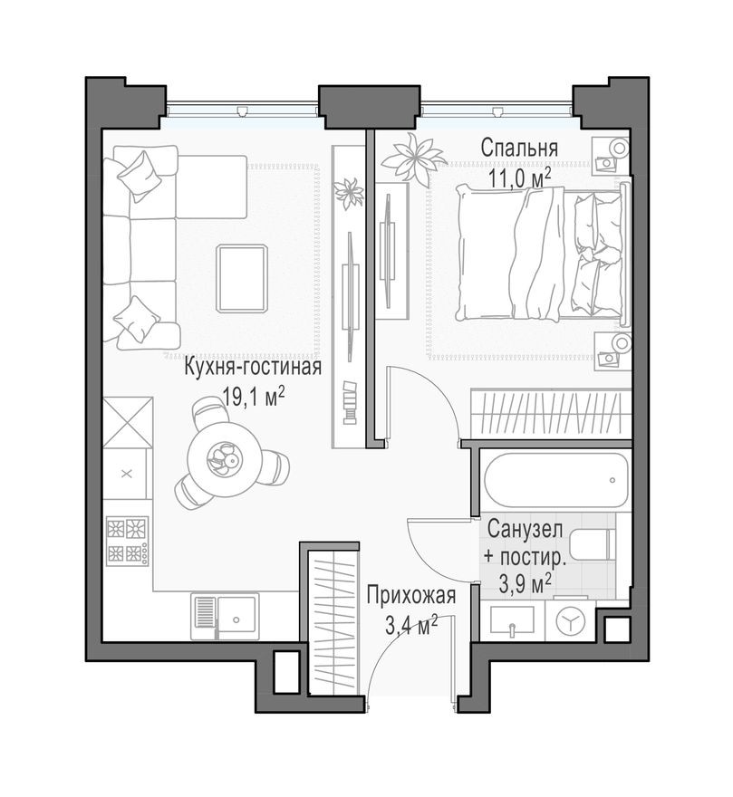 Планировка — 1к. квартира, 38.4 м²