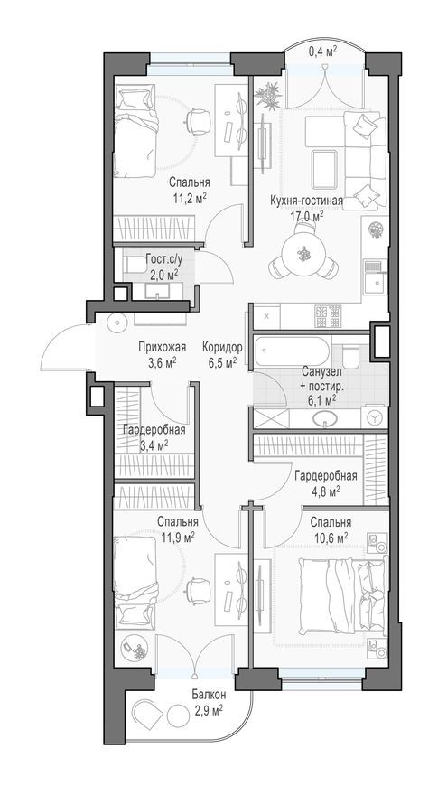 Планировка — 3к. квартира, 79.1 м²