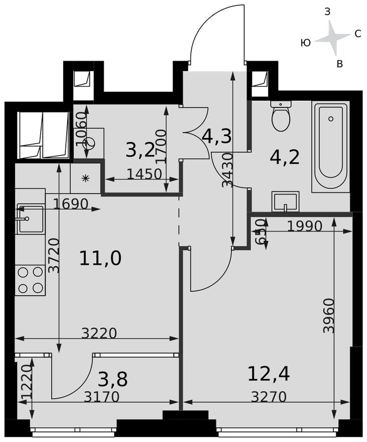 Планировка — 1к. квартира, 38.9 м²