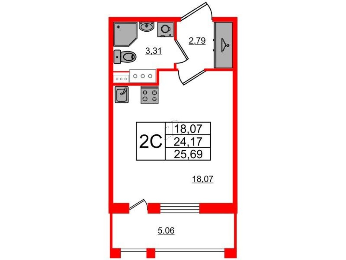 Студия-квартира, 24.2 м²