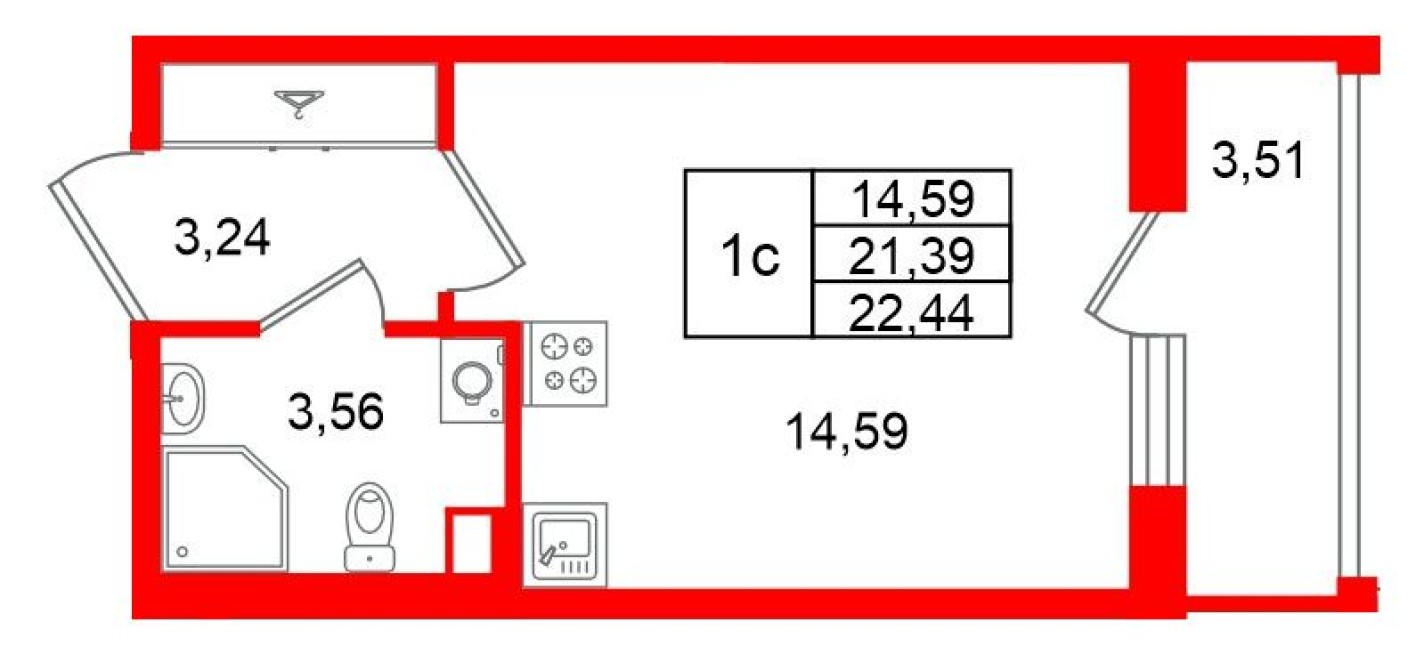 Планировка — Студия-квартира, 21.4 м²