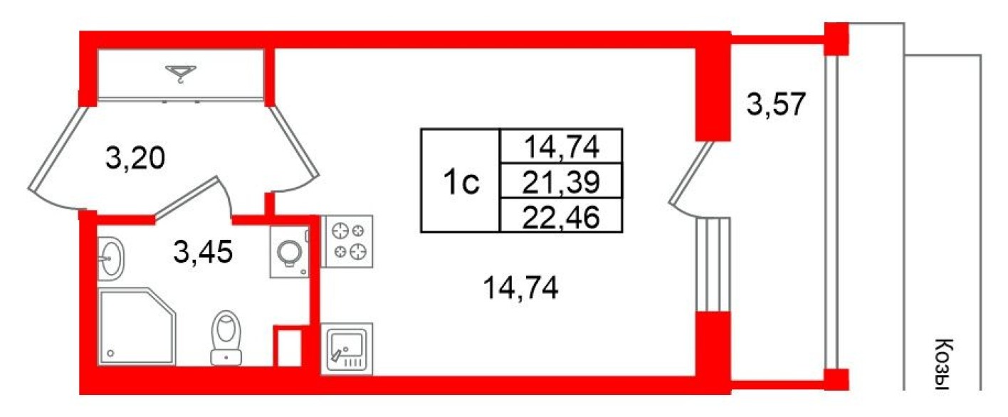 Планировка — Студия-квартира, 21.4 м²