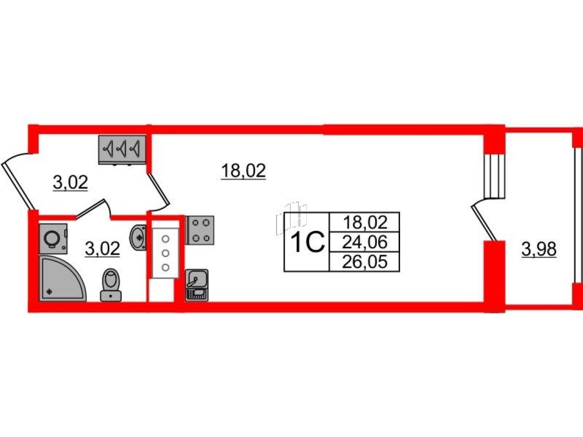Студия-квартира, 24.1 м²