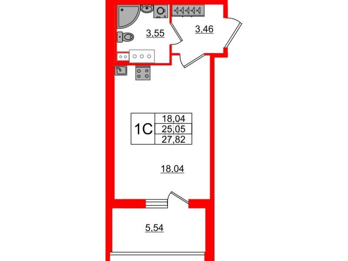 Студия-квартира, 24.6 м²
