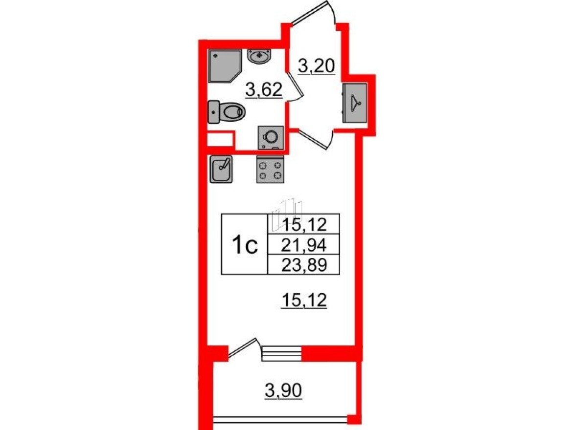 Планировка — Студия-квартира, 21.9 м²