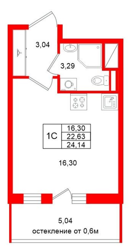 Планировка — Студия-квартира, 22.6 м²