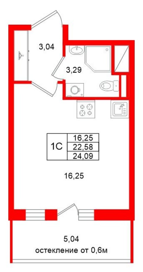 Планировка — Студия-квартира, 22.6 м²