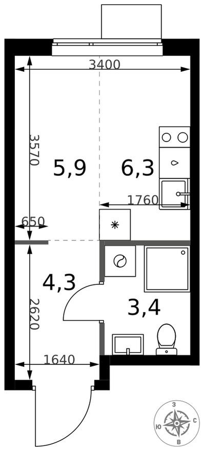 Планировка — Студия-квартира, 19.9 м²