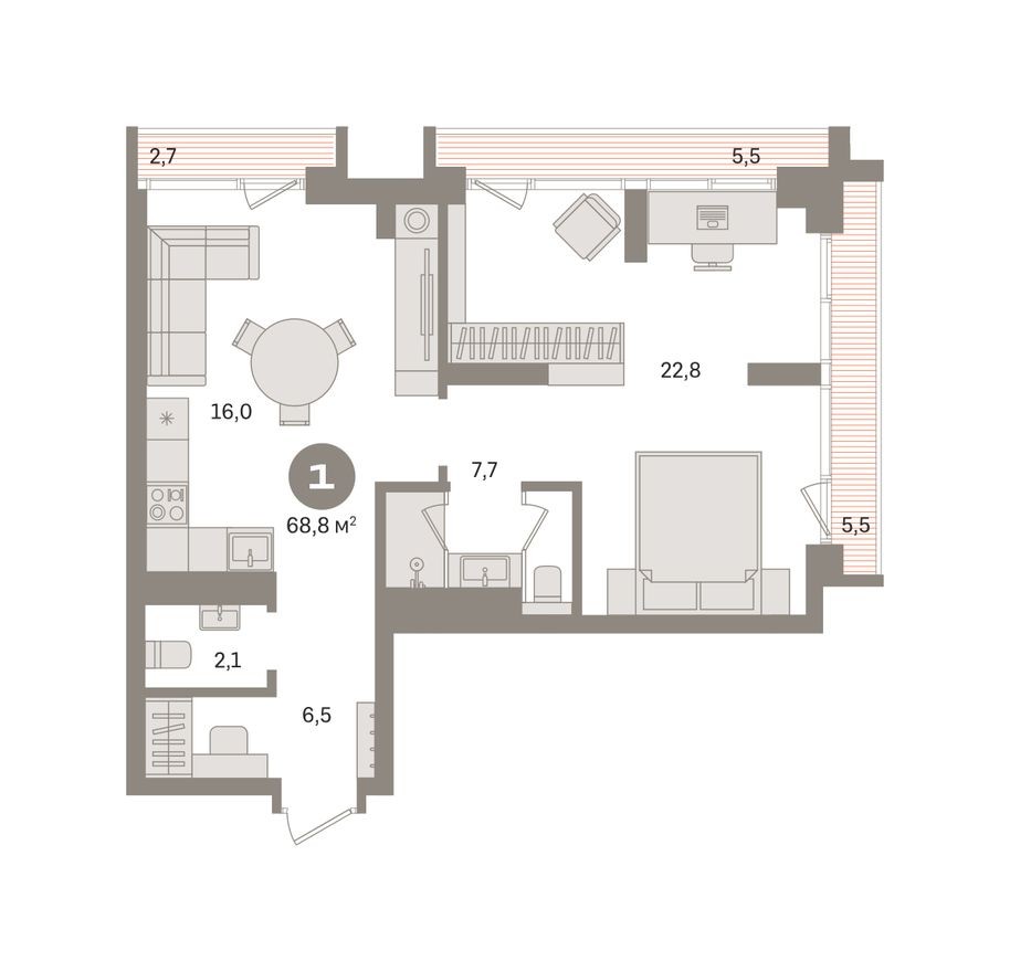 1к. квартира, 69.3 м²