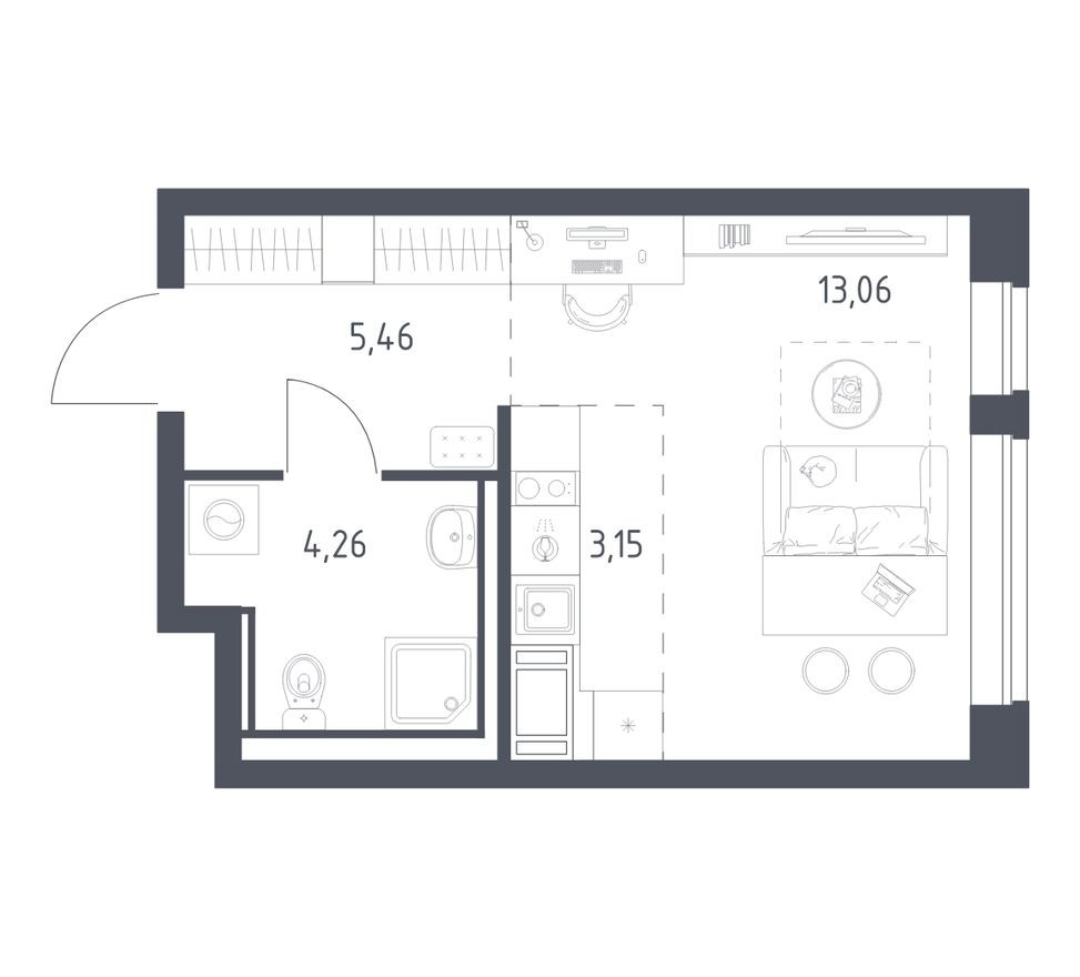 Студия-квартира, 25.9 м²