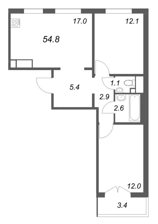 Планировка — 3е квартира, 54.8 м²