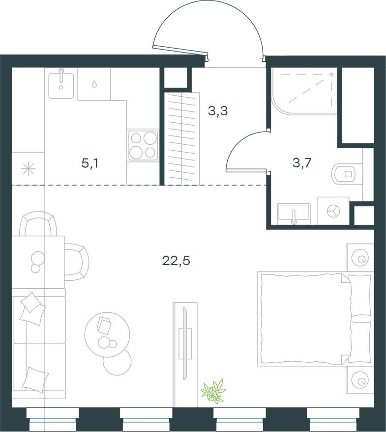 Планировка — 1к. квартира, 34.6 м²