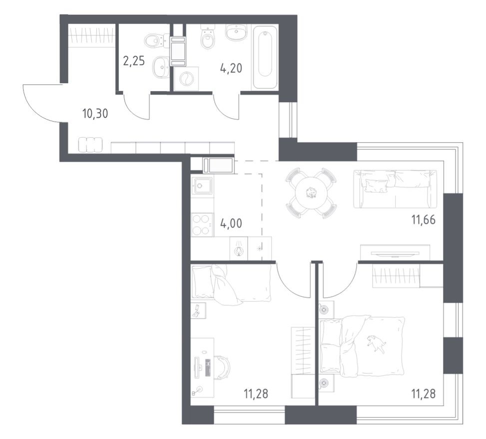 2к. квартира, 55.0 м²